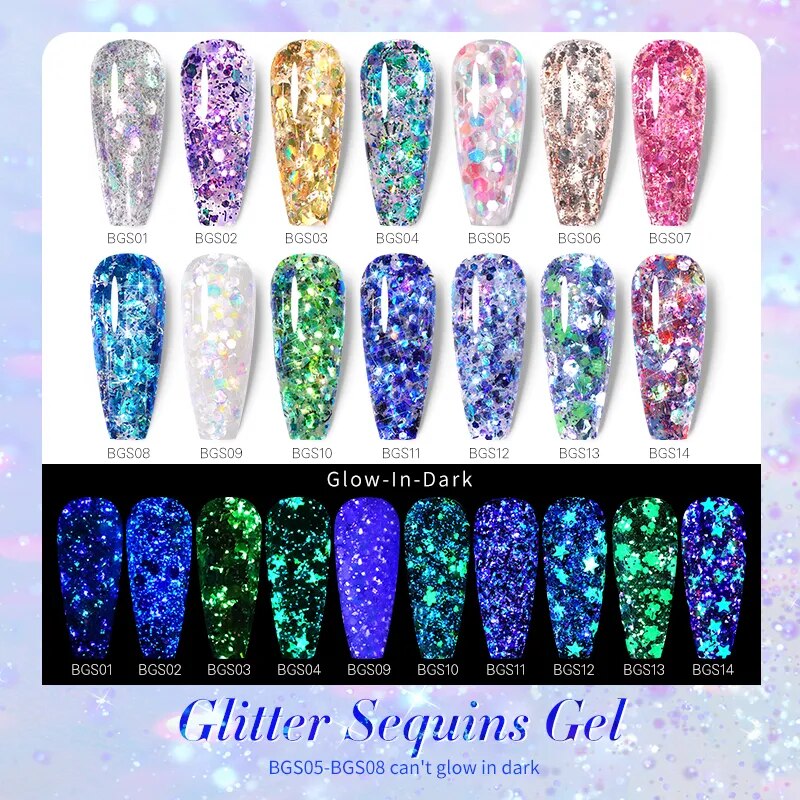 BORN PRETTY Glitter Sequins Gel Nail Polish Glow In The Dark Shining