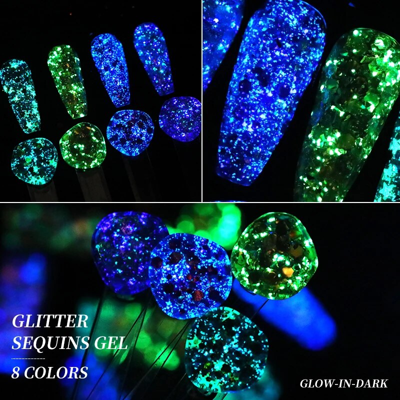 BORN PRETTY Glitter Sequins Gel Nail Polish Glow In The Dark Shining