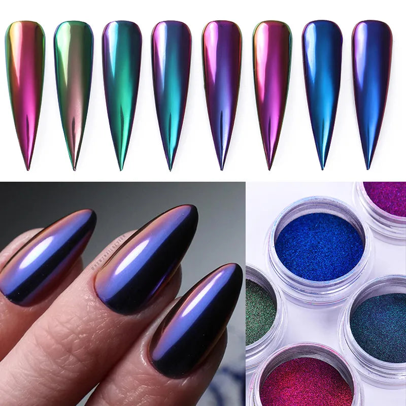 1 Box Mirror Nail Powder Blue Chameleon Metal Mirror Nail Glitter Metallic Effect Chrome , Nails Decoration