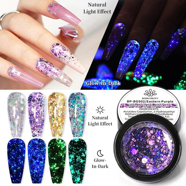 BORN PRETTY Glitter Sequins Gel Nail Polish Glow In The Dark Shining