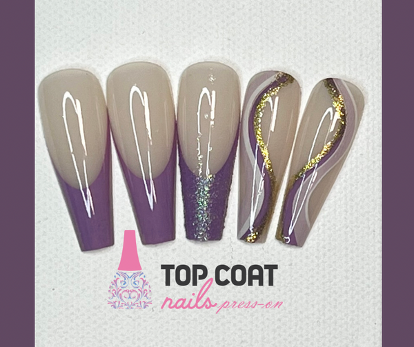 1 Box Purple Tip with Lines designs, 24Pcs with application kit, Press On Nails Long Coffin Wears Nail Tip