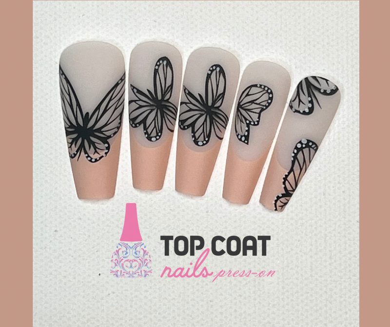 1 Box Black Butterfly designs, 24Pcs with application kit, Press On Nails Long Coffin Wears Nail Tip