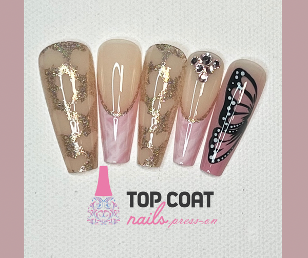 1 Box Elegant Pink Marble and Butterflies designs, 24Pcs with application kit, Press On Nails Long Coffin Wears Nail Tip