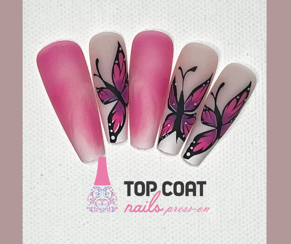 1Box Pink Marble Butterfly Nail Tips 24Pcs with application kit, Press On Long Coffin Wears Nail Tip