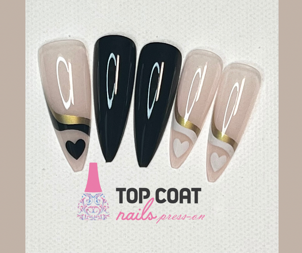 1Box Black and White Heart Tip with Gold Line Nail Tips 24Pcs with application kit, Press On Nails Long Coffin Wears Nail Tip