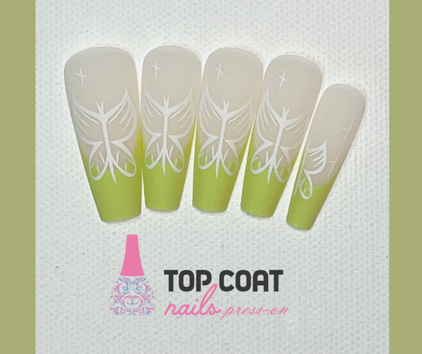 1 Box Green Nails White Butterflies designs, 24Pcs with application kit, Press On Nails Long Coffin Wears Nail Tip