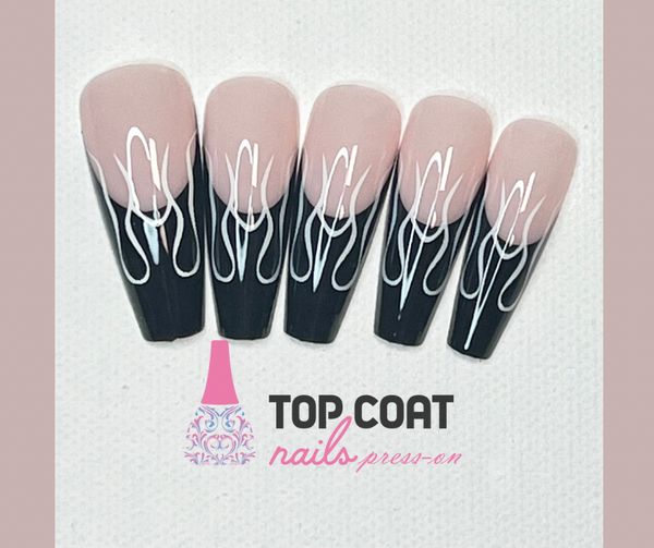 1 Box Black Tips White Flames designs, 24Pcs with application kit, Press On Nails Long Coffin Wears Nail Tip