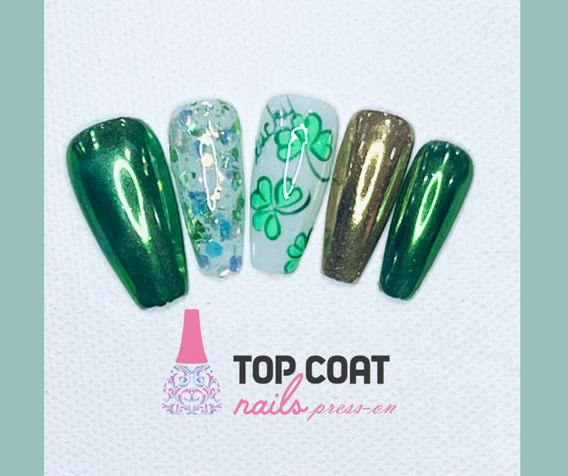 1 Box Glitter Chrome St. Patrick’s Days designs, 22Pcs with application kit, Press On Nails Medium Coffin Wears Nail Tip