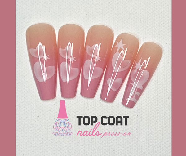 1 Box Pink Ombré White Heart designs, 24Pcs with application kit, Press On Nails Long Coffin Wears Nail Tip