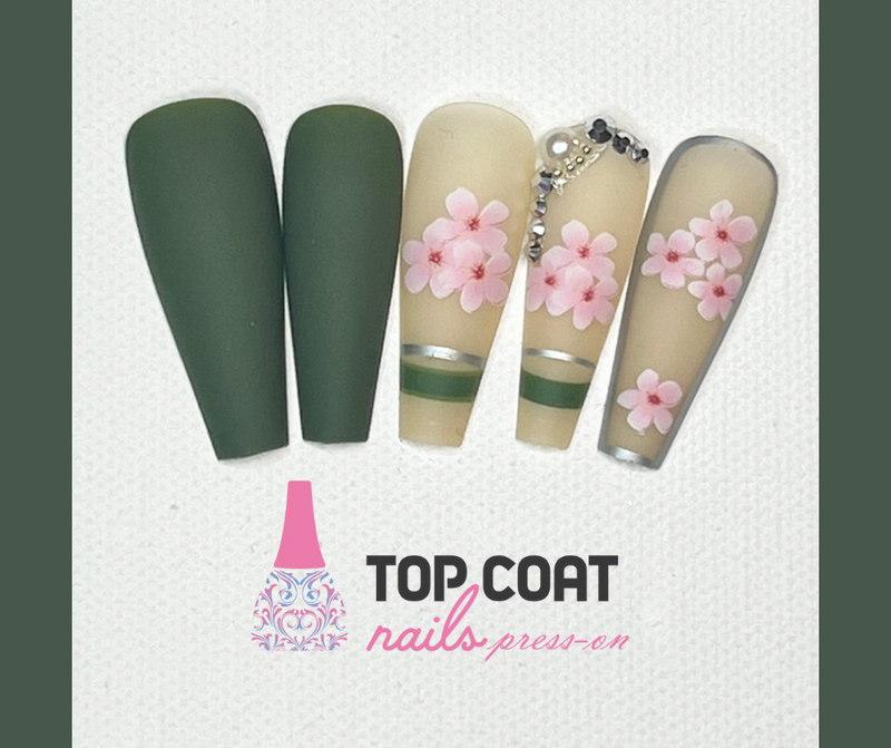 1 Box Olive Green and Cherry Blossoms designs, 24Pcs with application kit, Press On Nails Long Coffin Wears Nail Tip