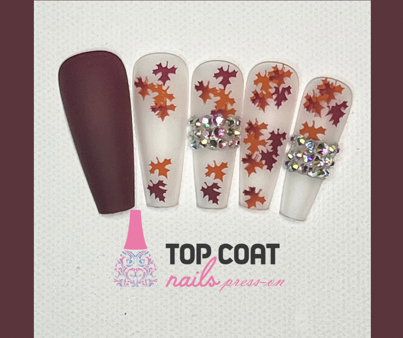 1 Box Fall Leaves with Rhinestones designs, 24Pcs with application kit, Press On Nails Long Coffin Wears Nail Tip