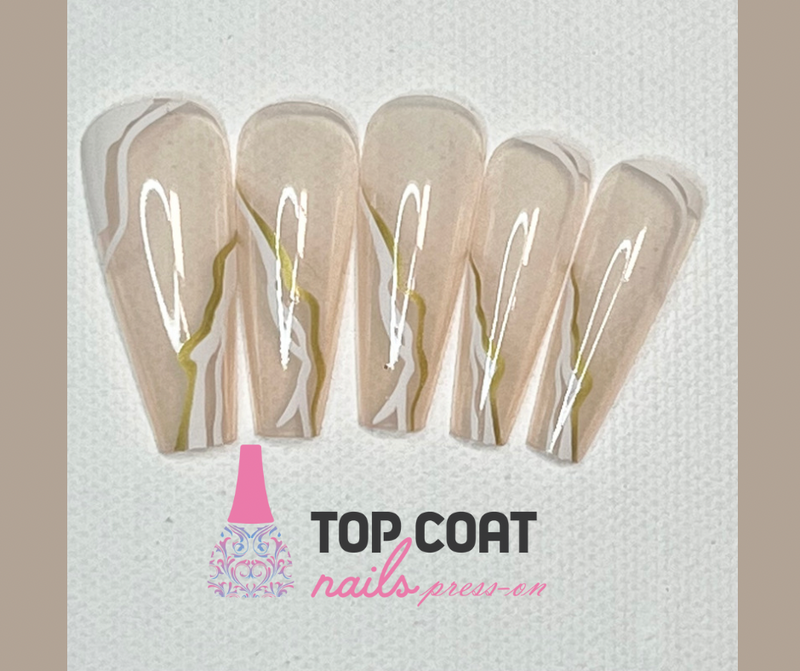 1 Box White And Gold Marble designs, 24Pcs with application kit, Press On Nails Long Coffin Wears Nail Tip