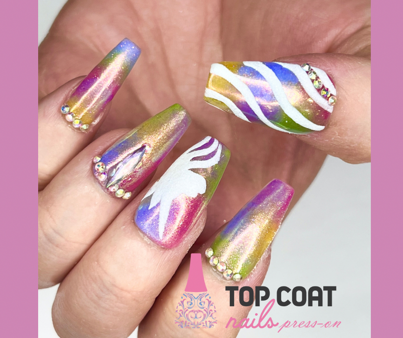 1 Box Chrome Unicorn Glittery designs, 22Pcs with application kit, Press On Nails Medium Coffin Wears Nail Tip